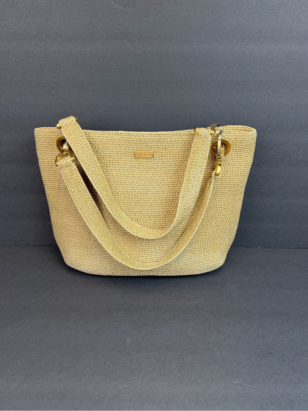 Eric Javits Squishee Shoulder Bag Tan Brown Woven Gold Hardware